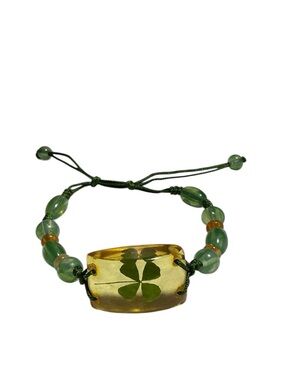 Green Four-Leaf Clover Resin Beaded Adjustable Bracelet